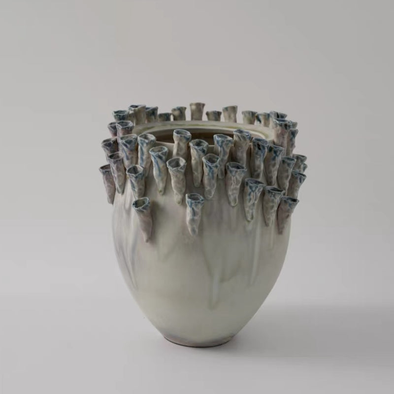 Ravel - 12.2" (31cm) Medium Ceramic Urn Wabi-Sabi Vase with Sculpted Rim Tubes