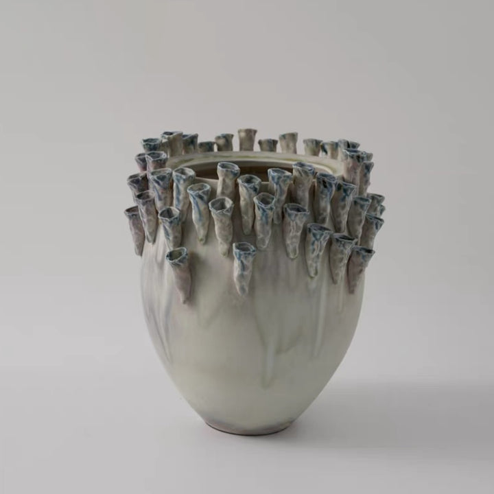 Ravel - 12.2" (31cm) Medium Ceramic Urn Wabi-Sabi Vase with Sculpted Rim Tubes