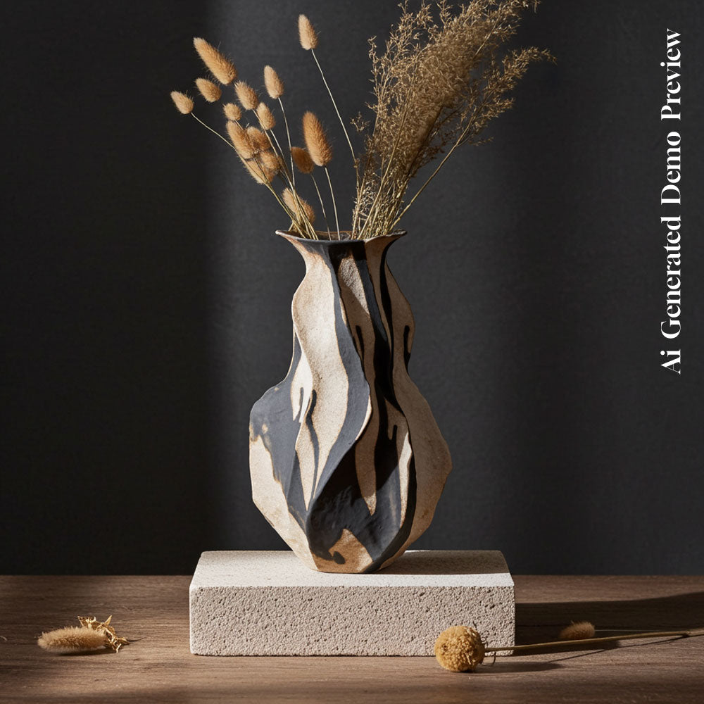 Artova - 14.5 inch (37cm) Hand-Painted Sculptural Wabi Sabi Vase with Flowers