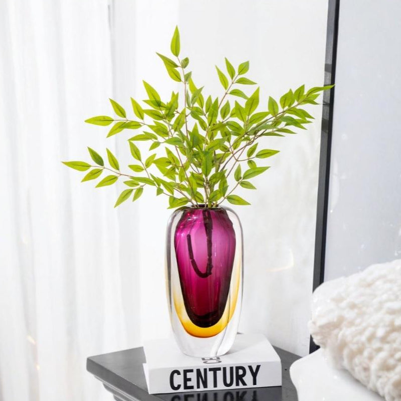 Elysia - 10.2 inch (26cm) Medium Sized Modern Luxury Gradient Art Glass Vase with Green Leaves